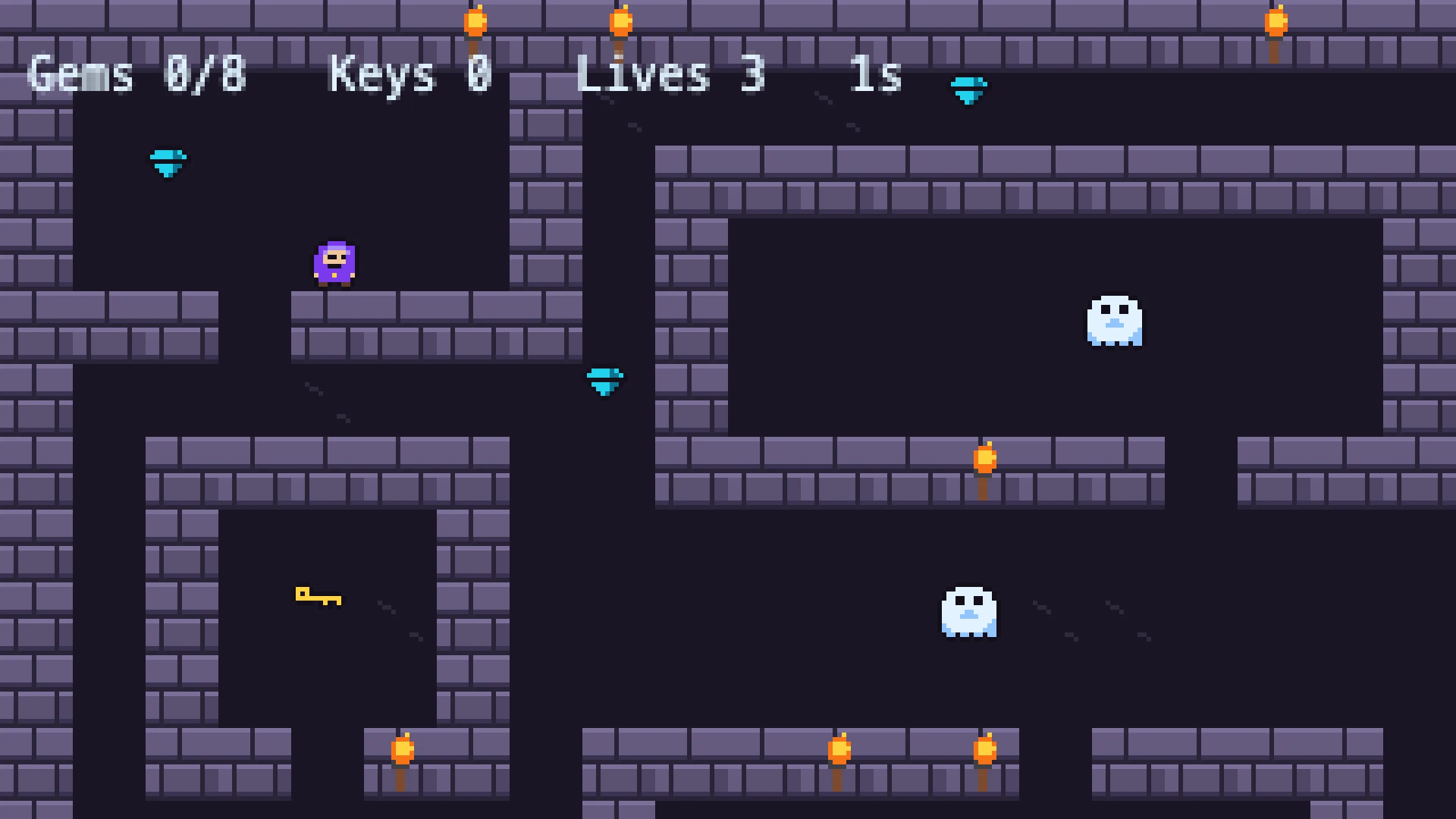 Crypt Dash: a purple-hooded explorer in a torch-lit maze of ghosts, gems, and a gold key.
