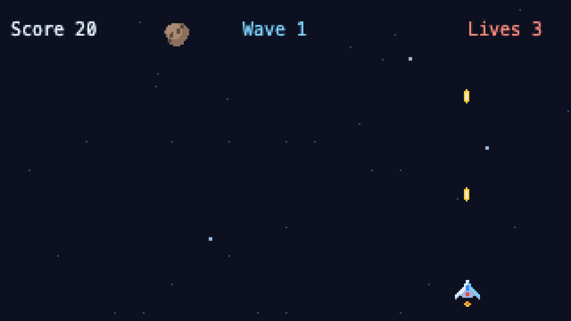Star Defender: a small ship fires at falling rocks in deep space.