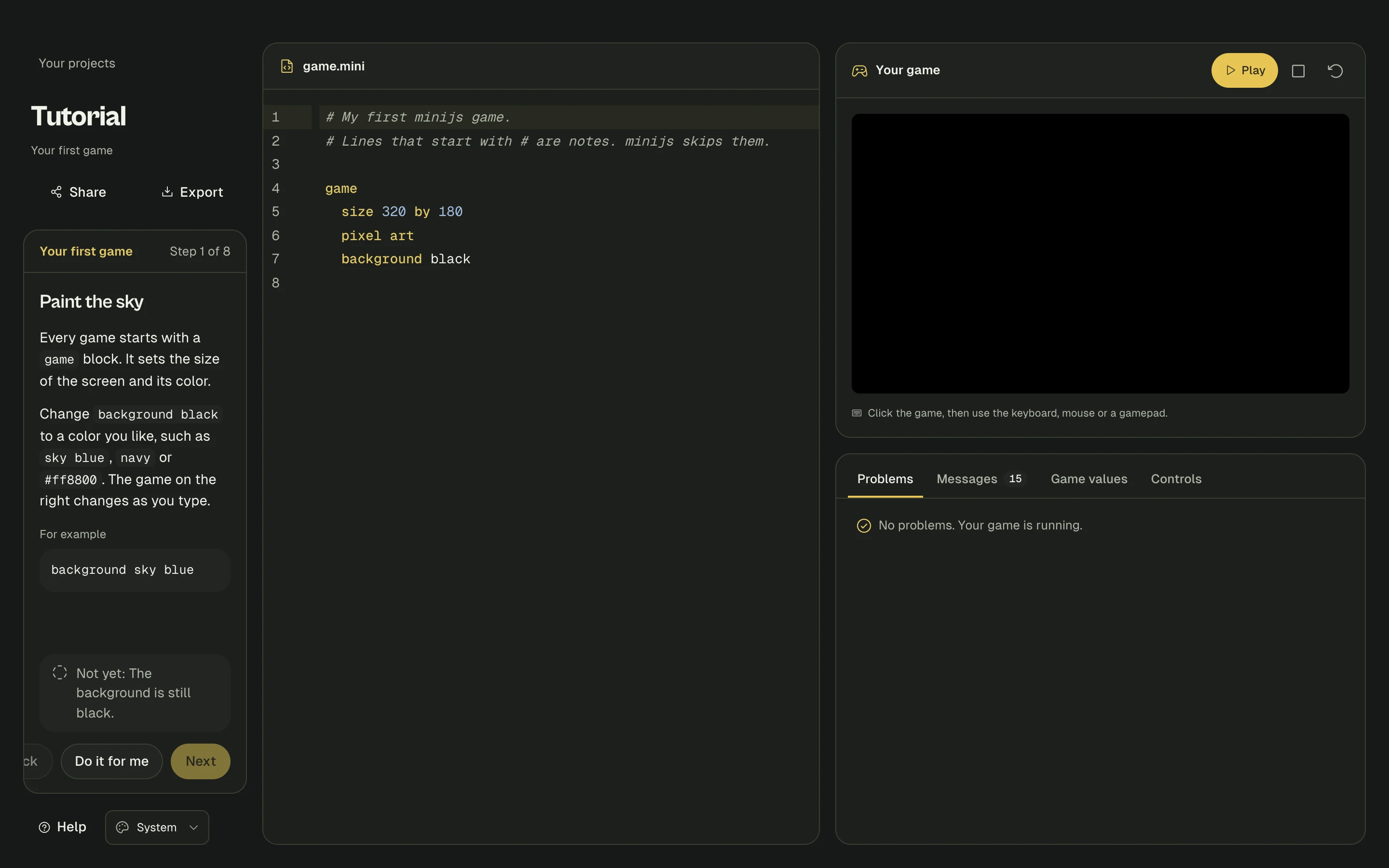 The minijs tutorial with guided steps, editable game code, and the live platformer.