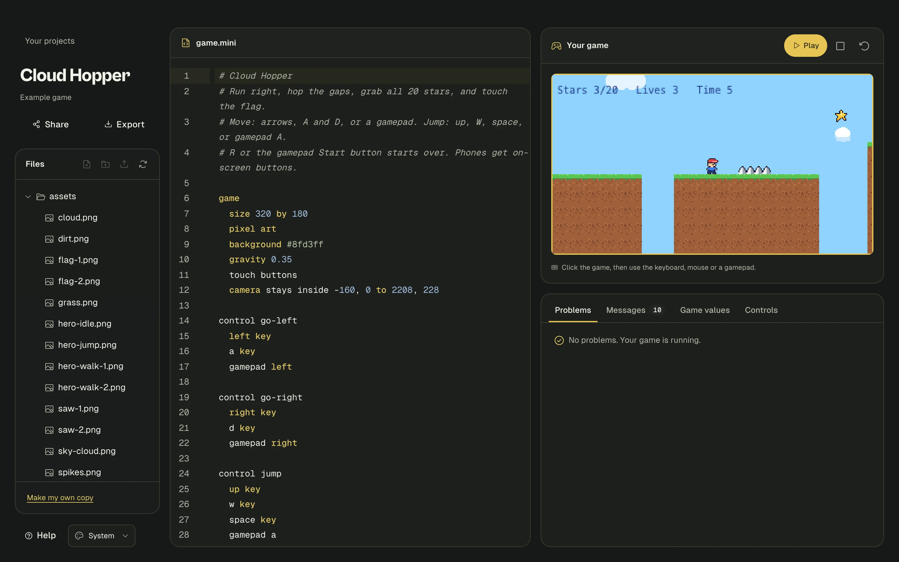 minijs Studio with Cloud Hopper open: files, game code, and the game running side by side.